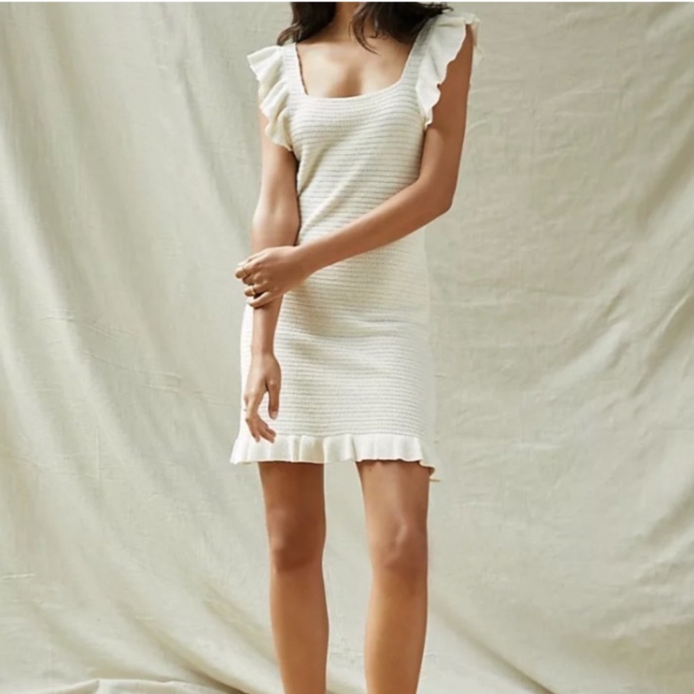 Anthropologie Ruffled Pointelle Knit Mini Dress Ivory White XS Cottagecore